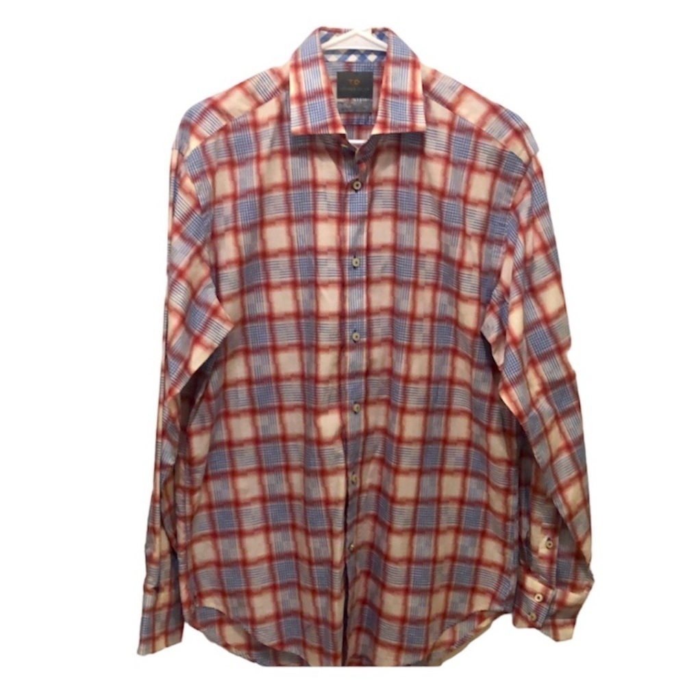 Thomas Dean Shirt Red Blue Plaid Mens Button Down Shirt Size Medium